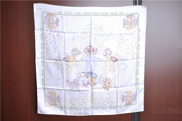 Authentic HERMES Carre 90 Scarf "RENCONTRE OCEANE" Silk White Light Purple J7040