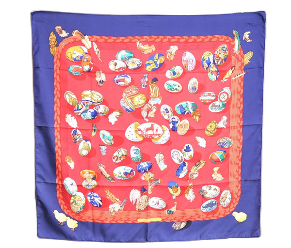 Authentic HERMES Carre 90 Scarf "Couvee d'Hermes" Silk Navy Blue Red J7043