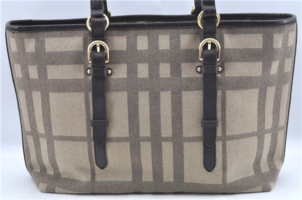 Authentic BURBERRY Check Hand Tote Bag Purse Canvas Leather Beige Brown J7045