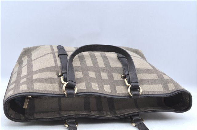 Authentic BURBERRY Check Hand Tote Bag Purse Canvas Leather Beige Brown J7045