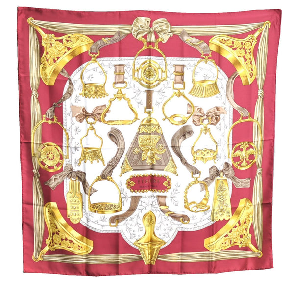 Authentic HERMES Carre 90 Scarf "ETRIERS" Silk Bordeaux Red J7059