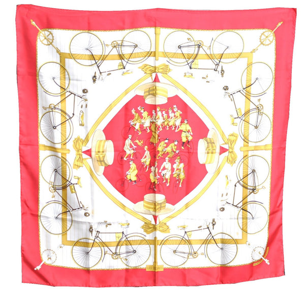 Authentic HERMES Carre 90 Scarf "LES BECANES" Silk Red J7096