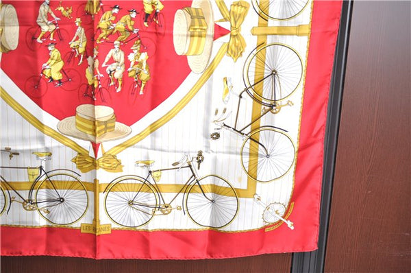 Authentic HERMES Carre 90 Scarf "LES BECANES" Silk Red J7096