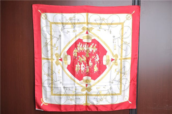 Authentic HERMES Carre 90 Scarf "LES BECANES" Silk Red J7096