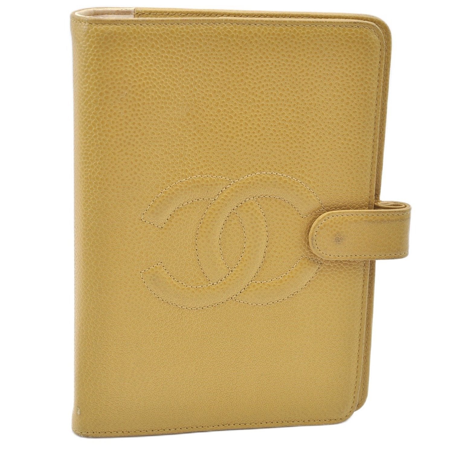 Authentic CHANEL Caviar Skin CC Logo Notebook Cover Yellow J7098