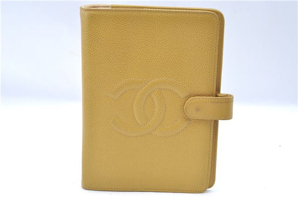 Authentic CHANEL Caviar Skin CC Logo Notebook Cover Yellow J7098