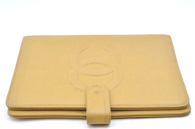 Authentic CHANEL Caviar Skin CC Logo Notebook Cover Yellow J7098