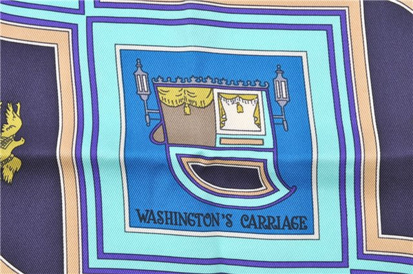 Authentic HERMES Carre 65 Scarf "WASHINGTON'S CARRIAGE" Silk Blue Box J7105