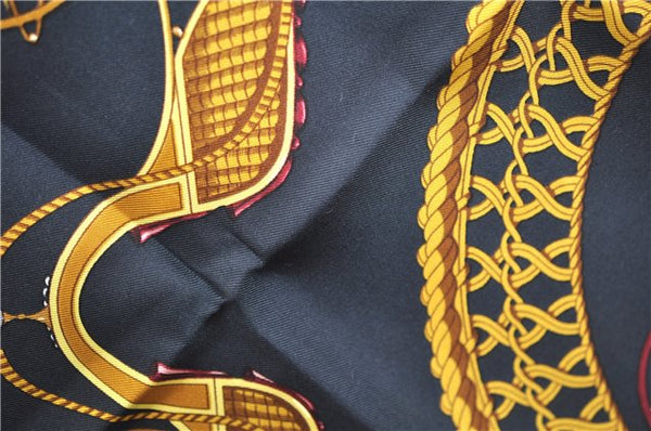 Authentic HERMES Carre 90 Scarf "VOITURES PANIERS" Silk Black Gold J7111