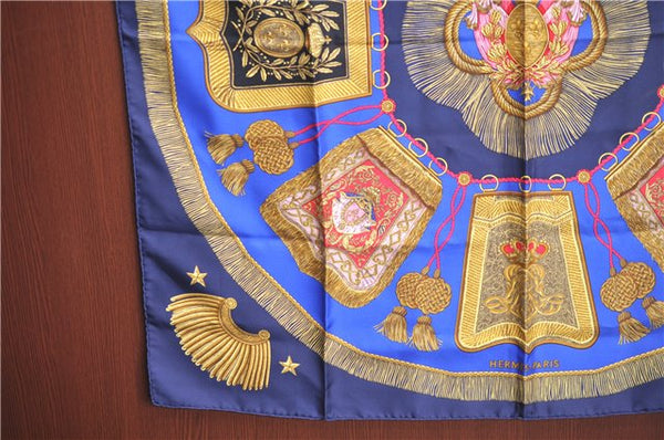 Authentic HERMES Carre 90 Scarf "Poste et Cavalerie" Silk Navy Blue J7113