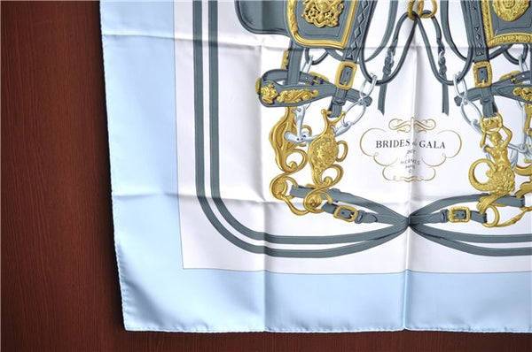 Authentic HERMES Carre 90 Scarf "BRIDES de GALA par" Silk Light Blue Box J7159