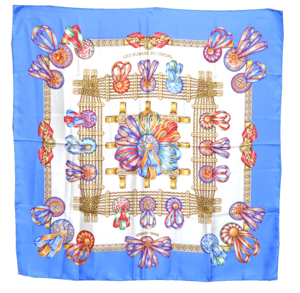 Authentic HERMES Carre 90 Scarf "LES RUBANS DU CHEVAL" Silk Blue J7168