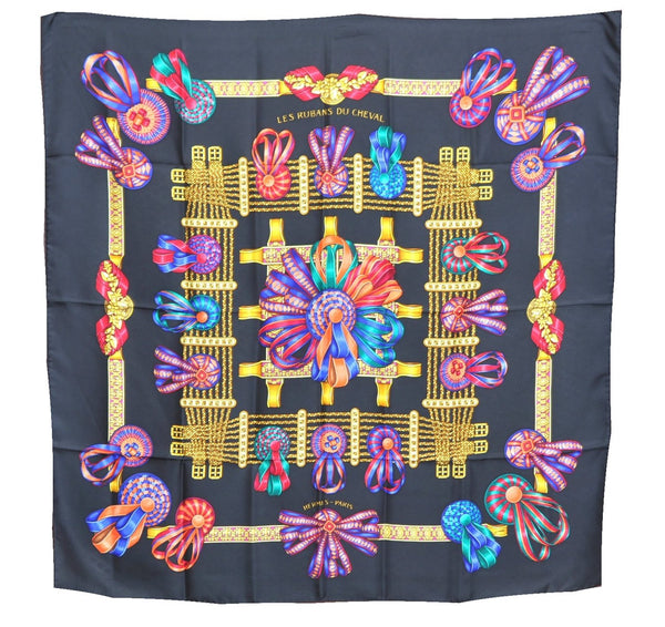 Authentic HERMES Carre 90 Scarf "LES RUBANS DU CHEVAL" Silk Black J7170