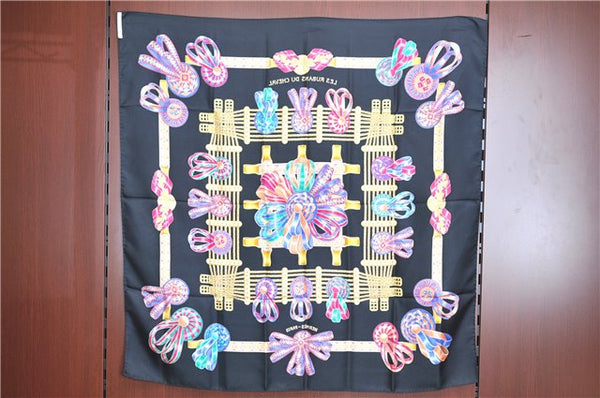 Authentic HERMES Carre 90 Scarf "LES RUBANS DU CHEVAL" Silk Black J7170