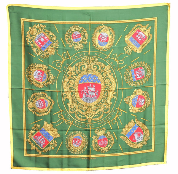 Authentic HERMES Carre 90 Scarf "Les Armes de Paris" Silk Yellow Green J7171