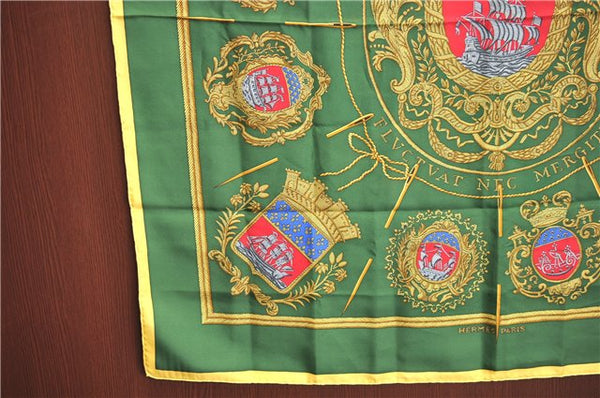 Authentic HERMES Carre 90 Scarf "Les Armes de Paris" Silk Yellow Green J7171