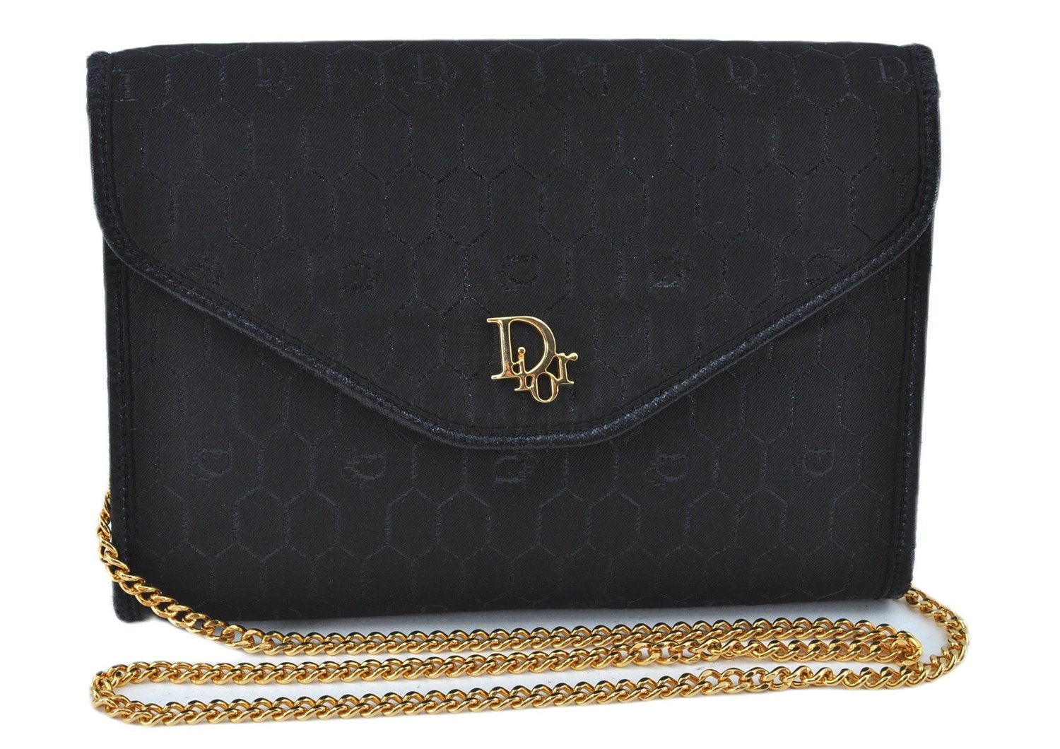 Auth Christian Dior Honeycomb Shoulder Hand Bag Chain Nylon Leather Black J7189