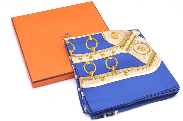 Authentic HERMES Carre 90 Scarf "aux champs" Silk Blue Box J7193