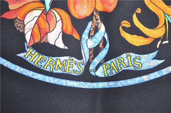 Auth HERMES Carre 90 Scarf "PIERRES d'ORIENT et d'OCCIDENT" Silk Black Box J7194