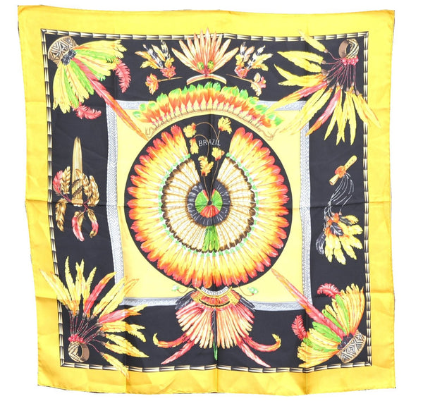 Authentic HERMES Carre 90 Scarf "BRAZIL" Silk Yellow Black J7198