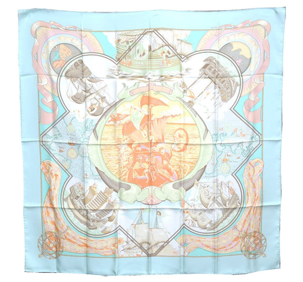 Authentic HERMES Carre 90 Scarf "Au dela des cinq mers" Silk Light Blue J7199