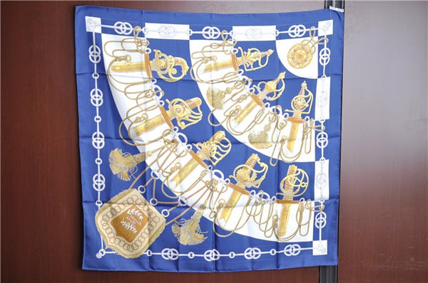 Authentic HERMES Carre 90 Scarf "Cliquetis" Silk Navy Blue J7202