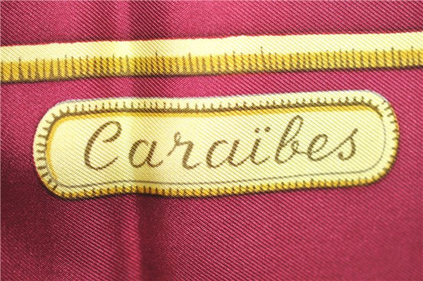 Authentic HERMES Carre 90 Scarf "Caraibes" Silk Bordeaux Red J7225