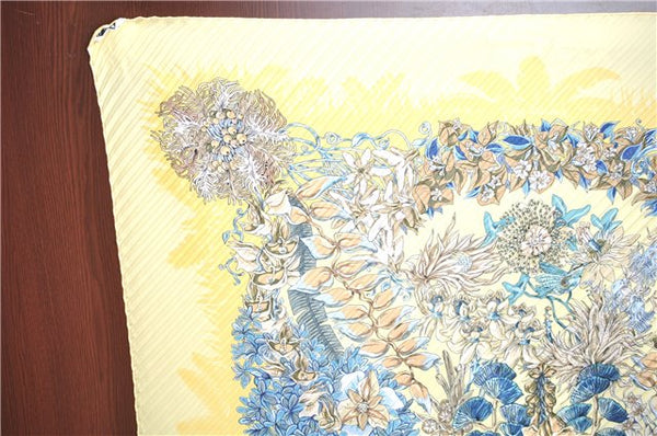 Authentic HERMES Pleats Scarf "L'ile deserte" Silk Light Yellow Box J7309