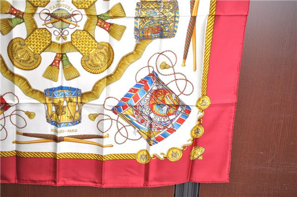 Authentic HERMES Carre 90 Scarf "LES TAMBOURS" Silk Red J7380