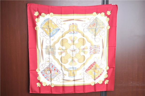 Authentic HERMES Carre 90 Scarf "LES TAMBOURS" Silk Red J7380