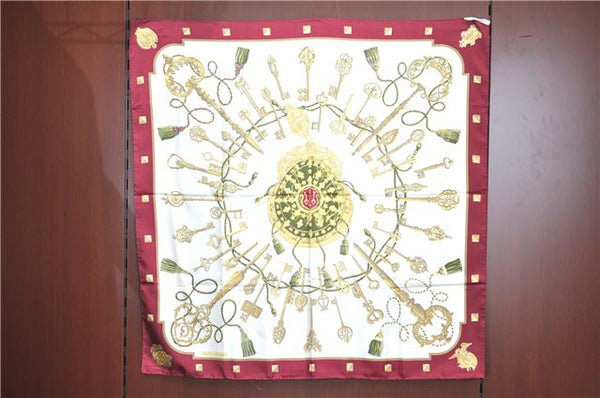 Authentic HERMES Carre 90 Scarf "LES CLES" Silk Bordeaux Red J7387