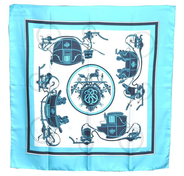 Authentic HERMES Carre 90 Scarf Horse Carrige Motif Silk Light Blue J7396