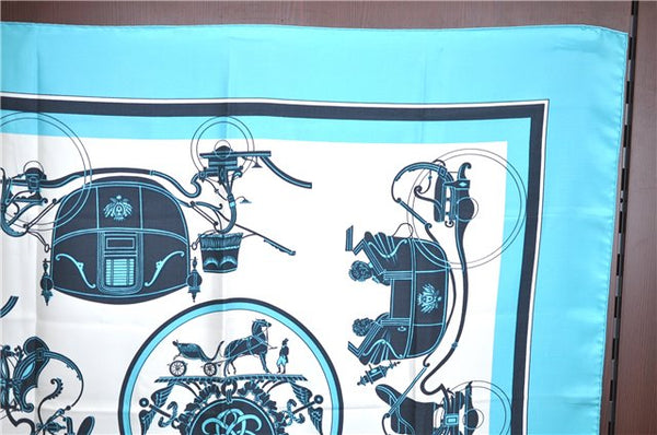 Authentic HERMES Carre 90 Scarf Horse Carrige Motif Silk Light Blue J7396