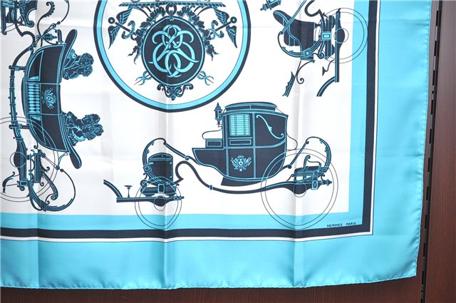 Authentic HERMES Carre 90 Scarf Horse Carrige Motif Silk Light Blue J7396