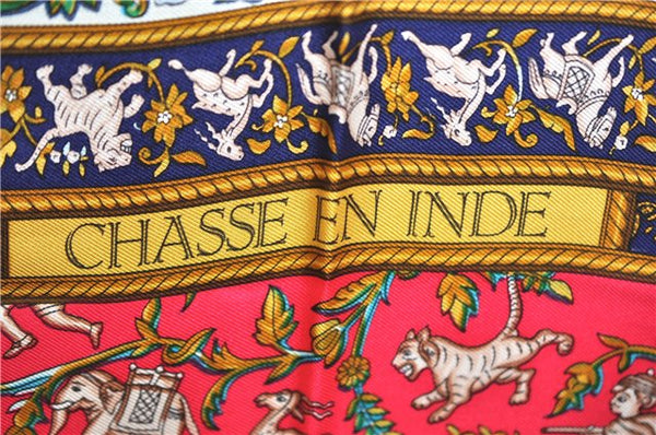 Authentic HERMES Carre 90 Scarf "CHASSE EN INDE" Silk Light Blue J7397