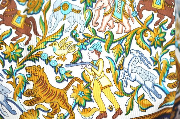 Authentic HERMES Carre 90 Scarf "CHASSE EN INDE" Silk Light Blue J7397