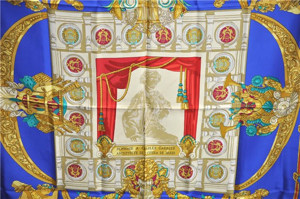 Authentic HERMES Carre 90 Scarf "HOMMAGE A CHARLES GARNIER" Silk Blue J7417