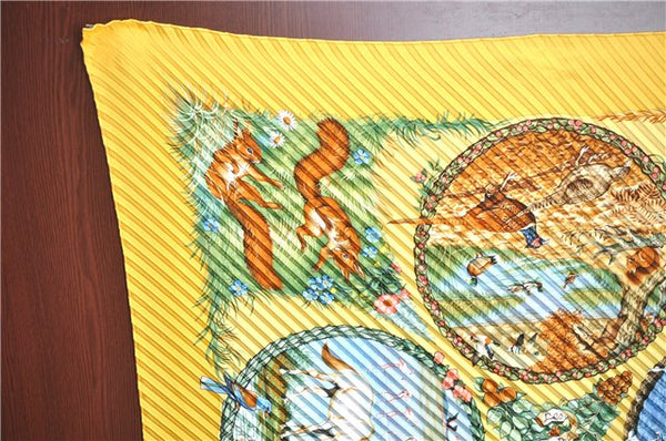 Authentic HERMES Pleats Scarf "LES QUATRE SAISONS" Silk Yellow Box J7420