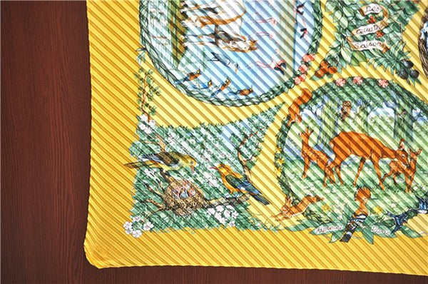 Authentic HERMES Pleats Scarf "LES QUATRE SAISONS" Silk Yellow Box J7420