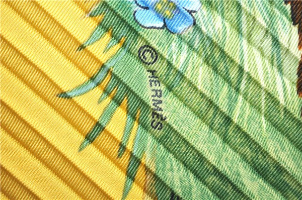 Authentic HERMES Pleats Scarf "LES QUATRE SAISONS" Silk Yellow Box J7420