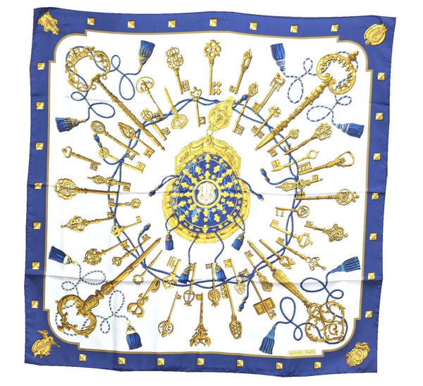 Authentic HERMES Carre 90 Scarf "LES CLES" Silk Navy Blue J7433