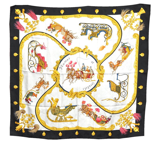 Authentic HERMES Carre 90 Scarf "Plumes et Grelots" Silk Black J7435