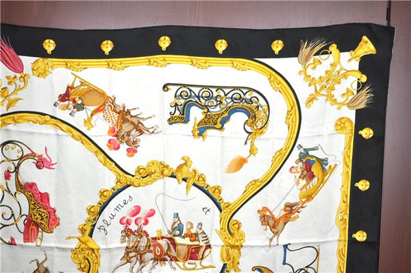 Authentic HERMES Carre 90 Scarf "Plumes et Grelots" Silk Black J7435