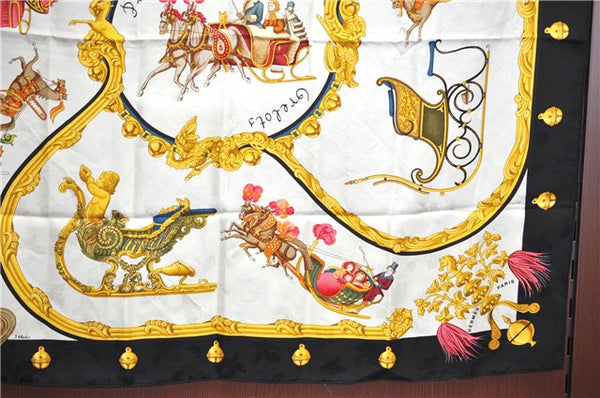 Authentic HERMES Carre 90 Scarf "Plumes et Grelots" Silk Black J7435