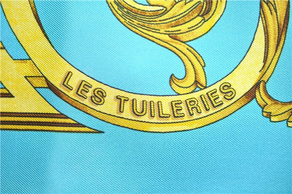 Authentic HERMES Carre 90 Scarf "LES TUILERIES" Silk Light Blue Gold J7436