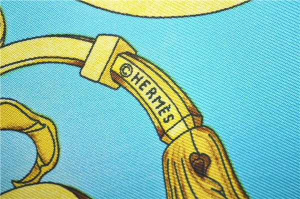 Authentic HERMES Carre 90 Scarf "LES TUILERIES" Silk Light Blue Gold J7436