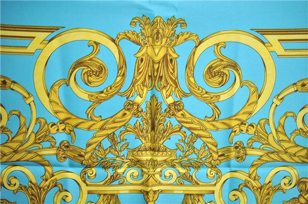 Authentic HERMES Carre 90 Scarf "LES TUILERIES" Silk Light Blue Gold J7436