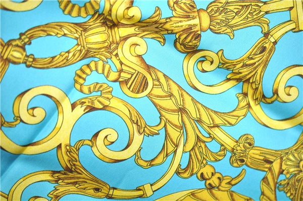 Authentic HERMES Carre 90 Scarf "LES TUILERIES" Silk Light Blue Gold J7436