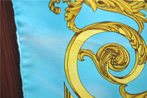 Authentic HERMES Carre 90 Scarf "LES TUILERIES" Silk Light Blue Gold J7436