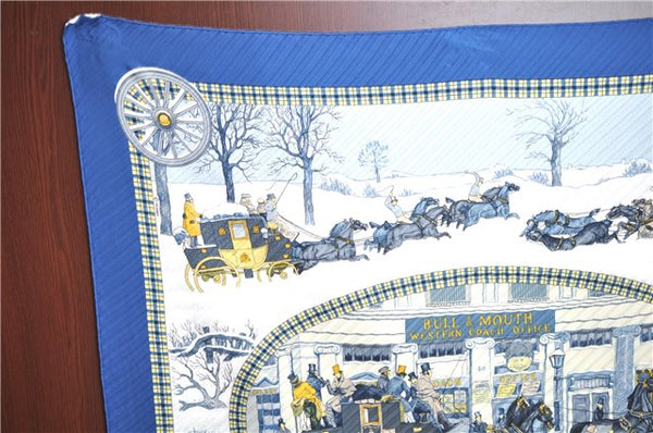 Authentic HERMES Pleats Scarf "The Bull & Mouth Regent's Circus" Silk Blue J7446